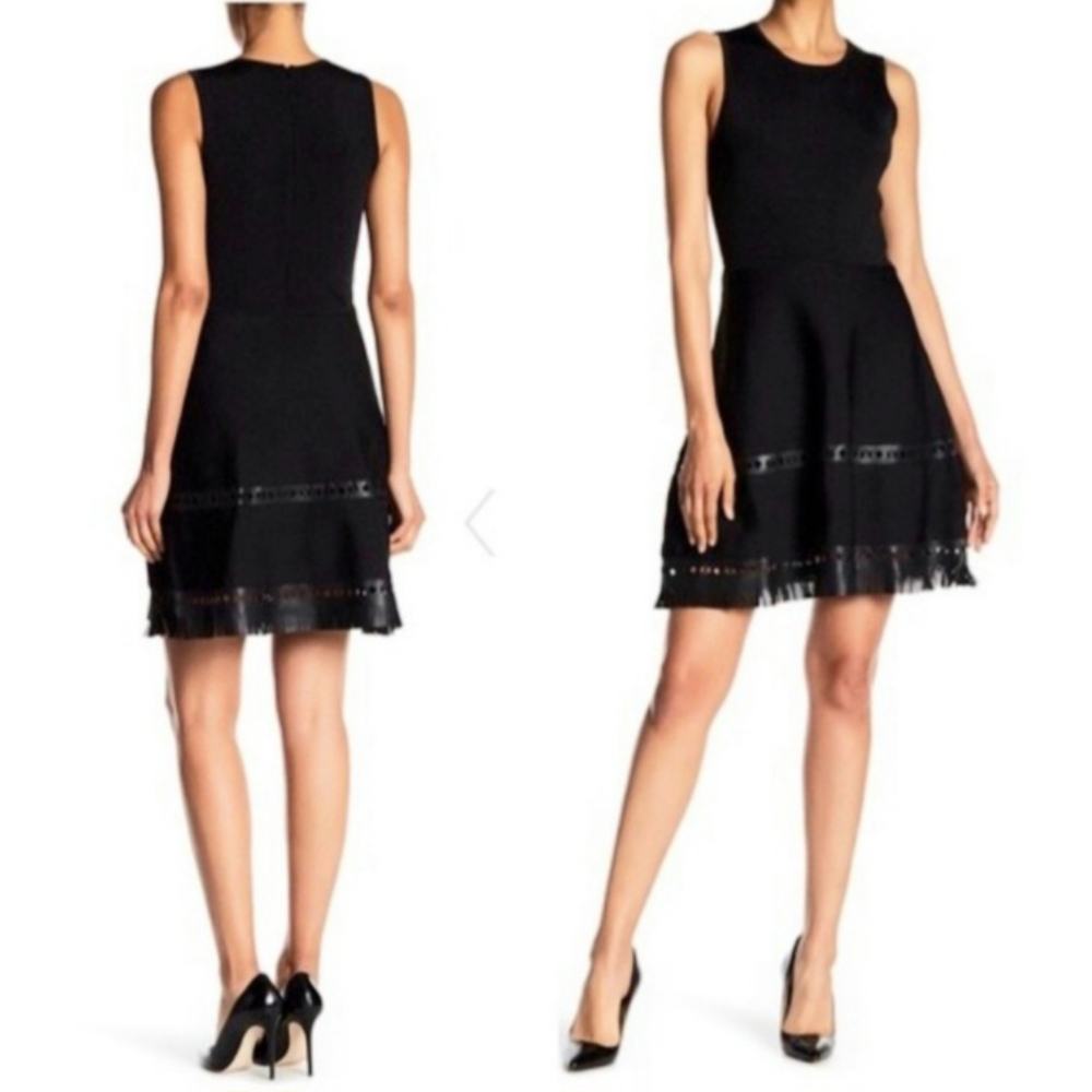 Parker Fit and Flare Stretch Sweater Knit Fringe Trim Dress Sz Large Black